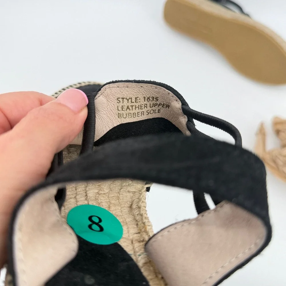 Picon Womens Black Leather Suede Espadrille Sandals Made in Spain Size 8 NEW